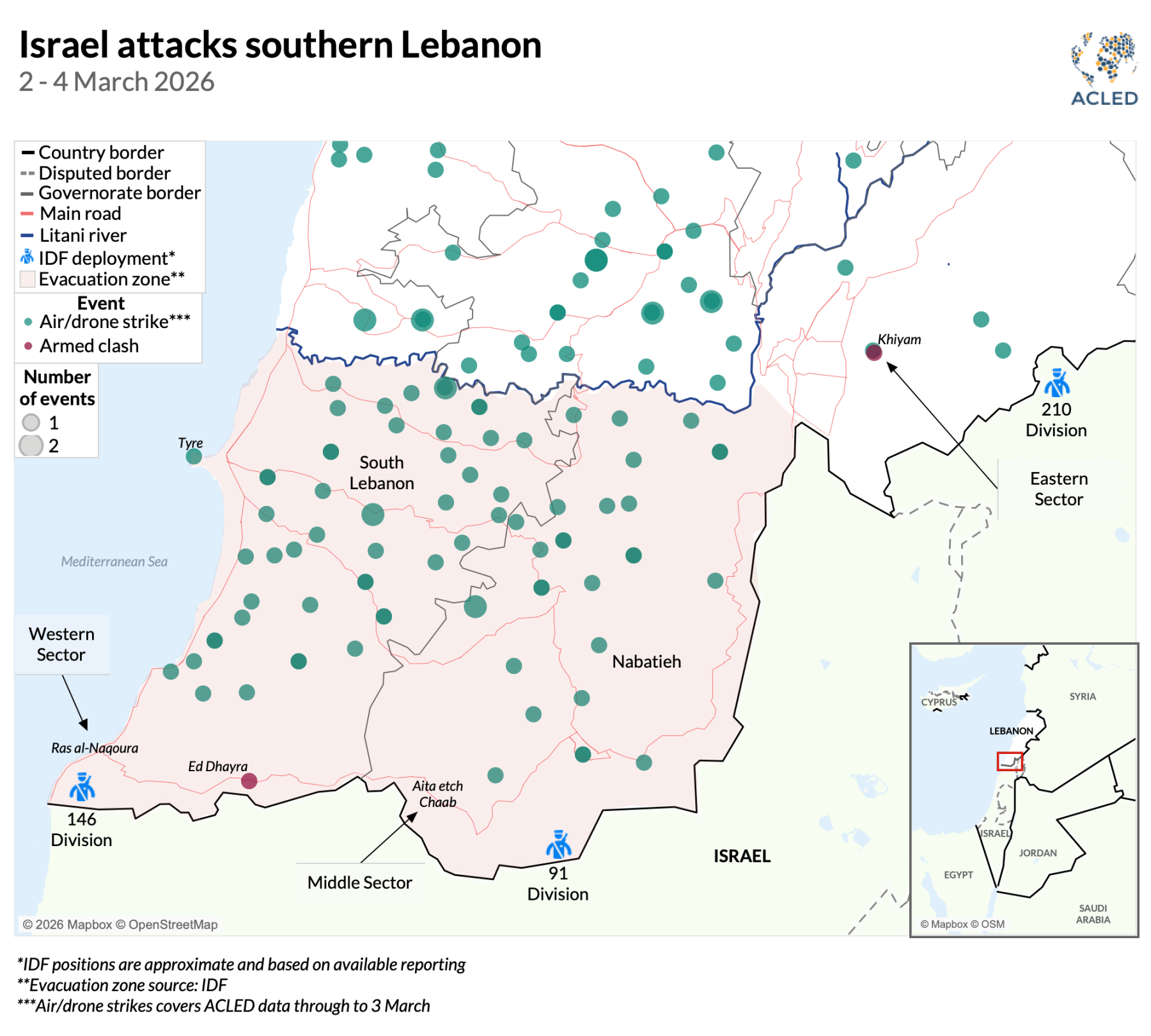 map showing israeli attacks on south lebanon - 2-4 march 2026