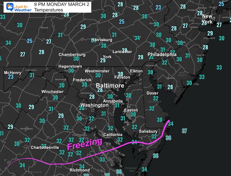 March 2 weather temperatures Monday Night