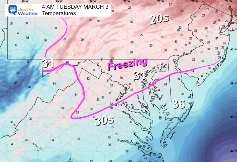 March 2 weather temperatures Tuesday 4 AM