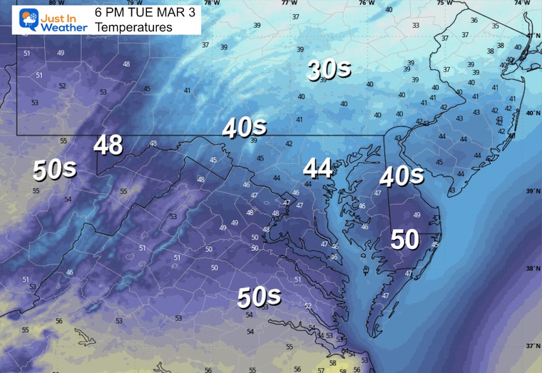 March 2 weather temperatures Tuesday 6 PM