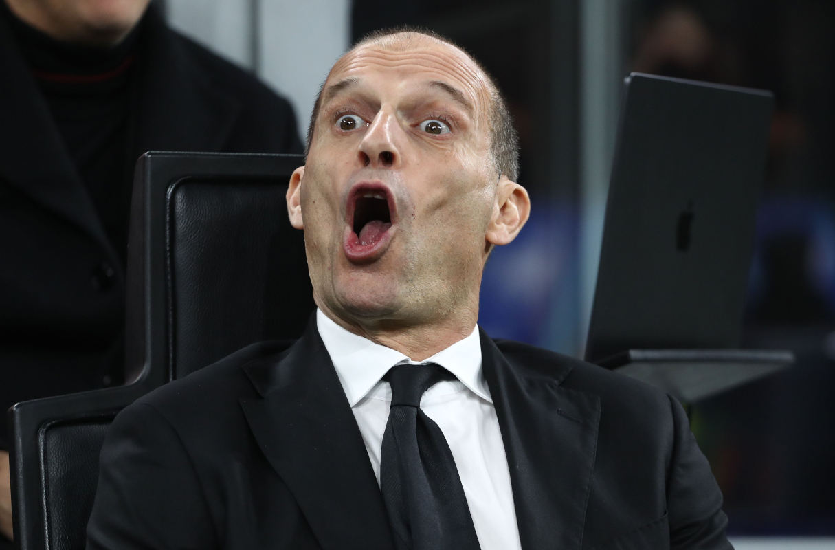 MILAN, ITALY - MARCH 08: AC Milan coach Massimiliano Allegri reacts during the Serie A match between AC Milan and Inter at Giuseppe Meazza Stadium on March 08, 2026 in Milan, Italy. (Photo by Marco Luzzani/Getty Images)