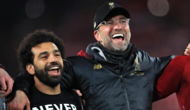 Mo Salah and Jurgen Klopp sing to the Liverpool fans