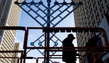 Volunteers prepped for Menorah in the D, an annual celebration of the first night of Hanukkah in Detroit, on Dec. 7, 2023.
