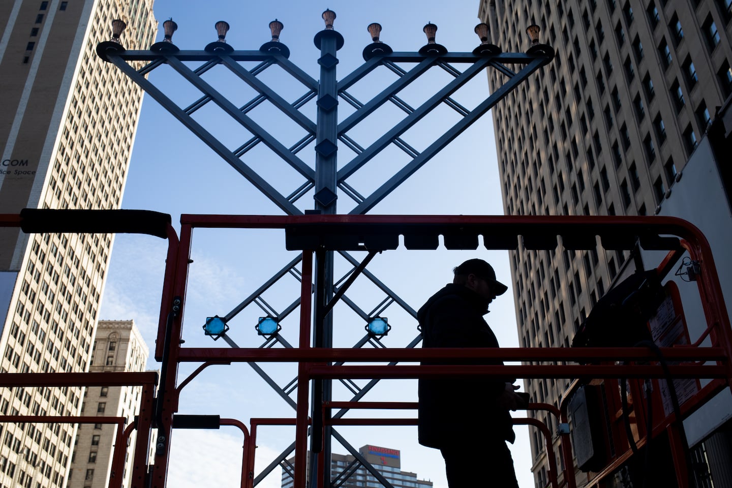 Volunteers prepped for Menorah in the D, an annual celebration of the first night of Hanukkah in Detroit, on Dec. 7, 2023.