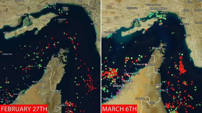 A satellite image of Strati of Hormuz and marine traffic.