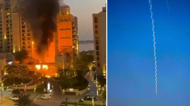 Two photos showing missile strikes on the Gulf. The left photo is Dubai and the right photo just shows a missile in the air