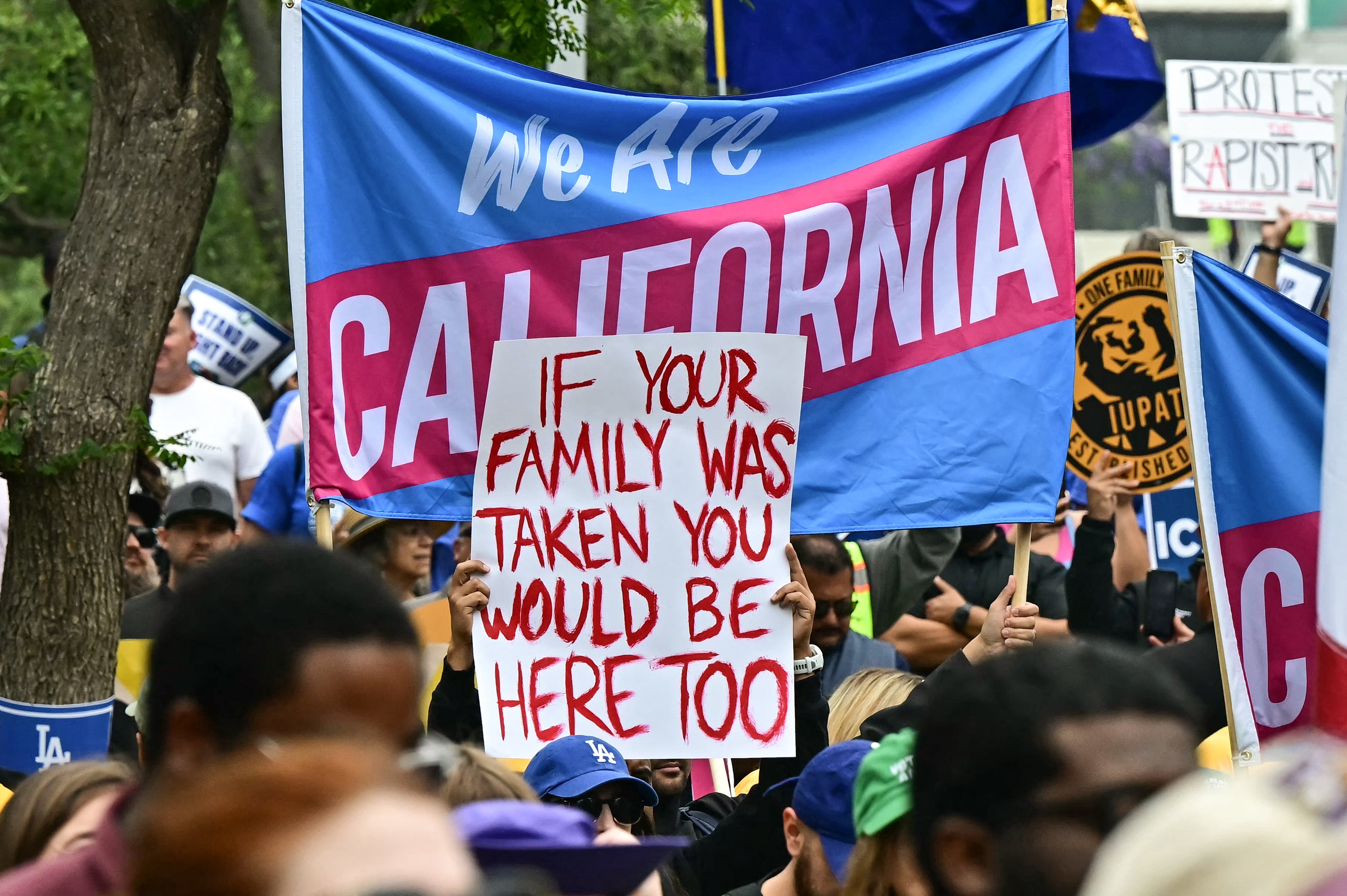 Demonstrators in California protest the Trump administration’s crackdown on immigration. On Tuesday, the Department of Homeland Security detained a six-year-old deaf boy in San Francisco and refused to allow a family member to give him his hearing aid before deporting him to Colombia