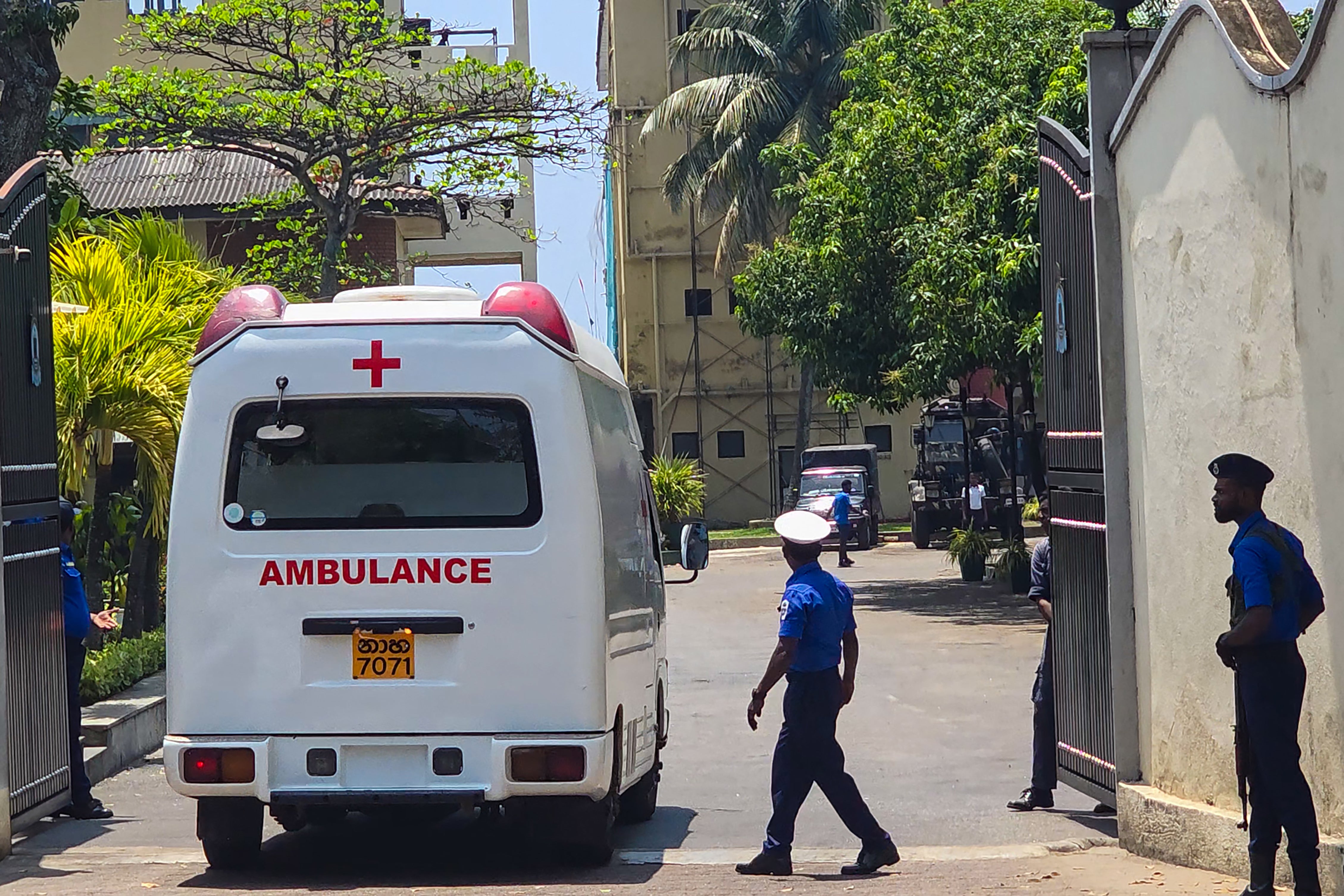 An ambulance enters Sri Lanka's southern naval headquarters in Galle on Wednesday