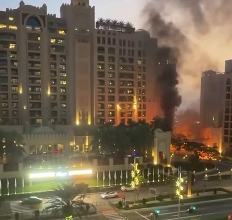 The Palm Jumeirah Fairmont hotel was hit by a Shahed suicide drone launched from Iran hours after US and Israeli air strikes hit Tehran Palm Jumeirah hotel, Dubai (Picture: Chris Eubank Jr/Facebook)