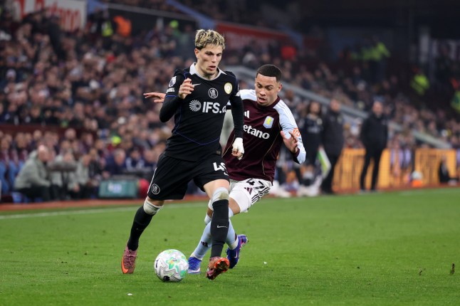 BIRMINGHAM, ENGLAND - MARCH 04: Alejandro Garnacho of Chelsea and Alysson of Aston Villa during the Premier League match between Aston Villa and Chelsea at Villa Park on March 04, 2026 in Birmingham, England. (Photo by Catherine Ivill - AMA/Getty Images)