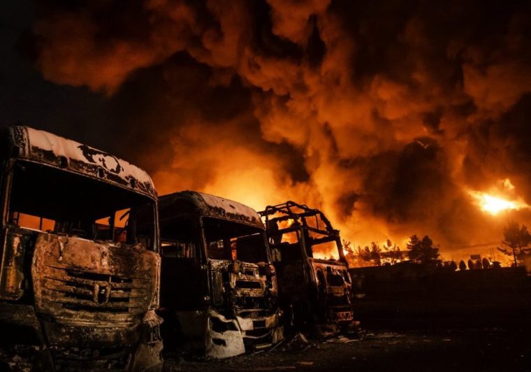 TEHRAN, IRAN - MARCH 8: Fire breaks out at the Shahran oil depot after US and Israeli attacks, leaving numerous fuel tankers and vehicles in the area unusable in Tehran, Iran on March 8, 2026. (Photo by Hassan Ghaedi/Anadolu via Getty Images) *** BESTPIX *** 15627035