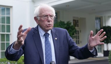 Sen. Bernie Sanders, I-Vt., talks with reporters following his meeting with President Joe Biden at the White House in Washington, Wednesday, Aug. 30, 2023. (AP Photo/Susan Walsh, file)