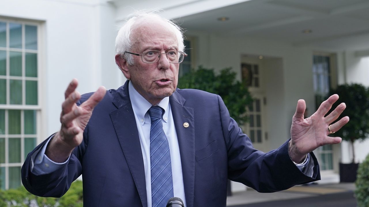 Sen. Bernie Sanders, I-Vt., talks with reporters following his meeting with President Joe Biden at the White House in Washington, Wednesday, Aug. 30, 2023. (AP Photo/Susan Walsh, file)