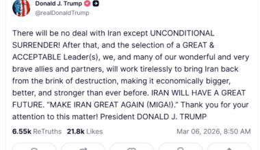 Trump Demands Iran’s ‘Unconditional Surrender’ as U.S.–Israel Strikes Intensify and Mojtaba Khamenei Rises as New Supreme Leader
