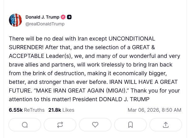 Trump Demands Iran’s ‘Unconditional Surrender’ as U.S.–Israel Strikes Intensify and Mojtaba Khamenei Rises as New Supreme Leader