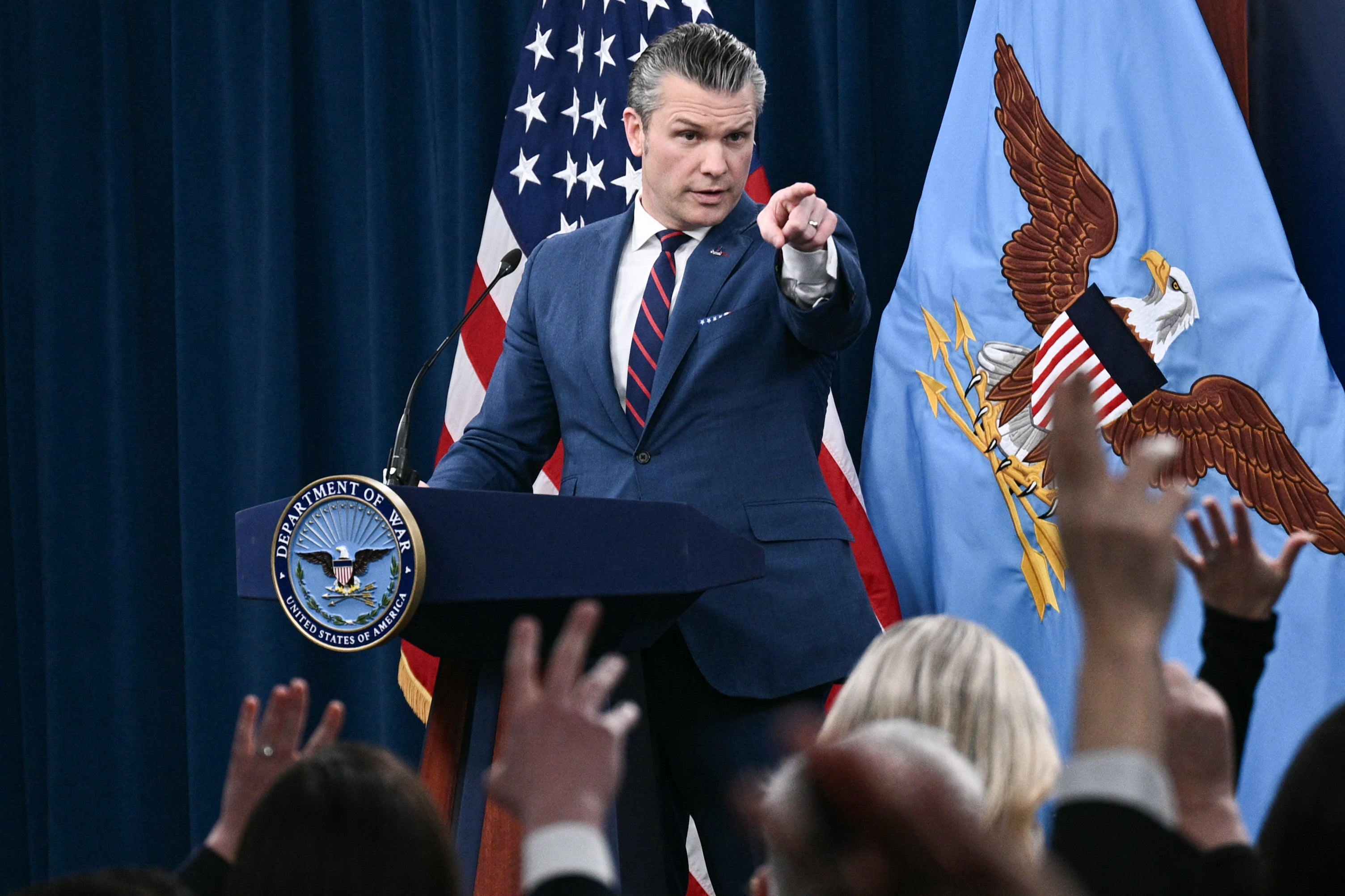 US Defense Secretary Pete Hegseth takes questions during a press conference on US military action in Iran, at the Pentagon in Washington, DC, on March 2, 2026.