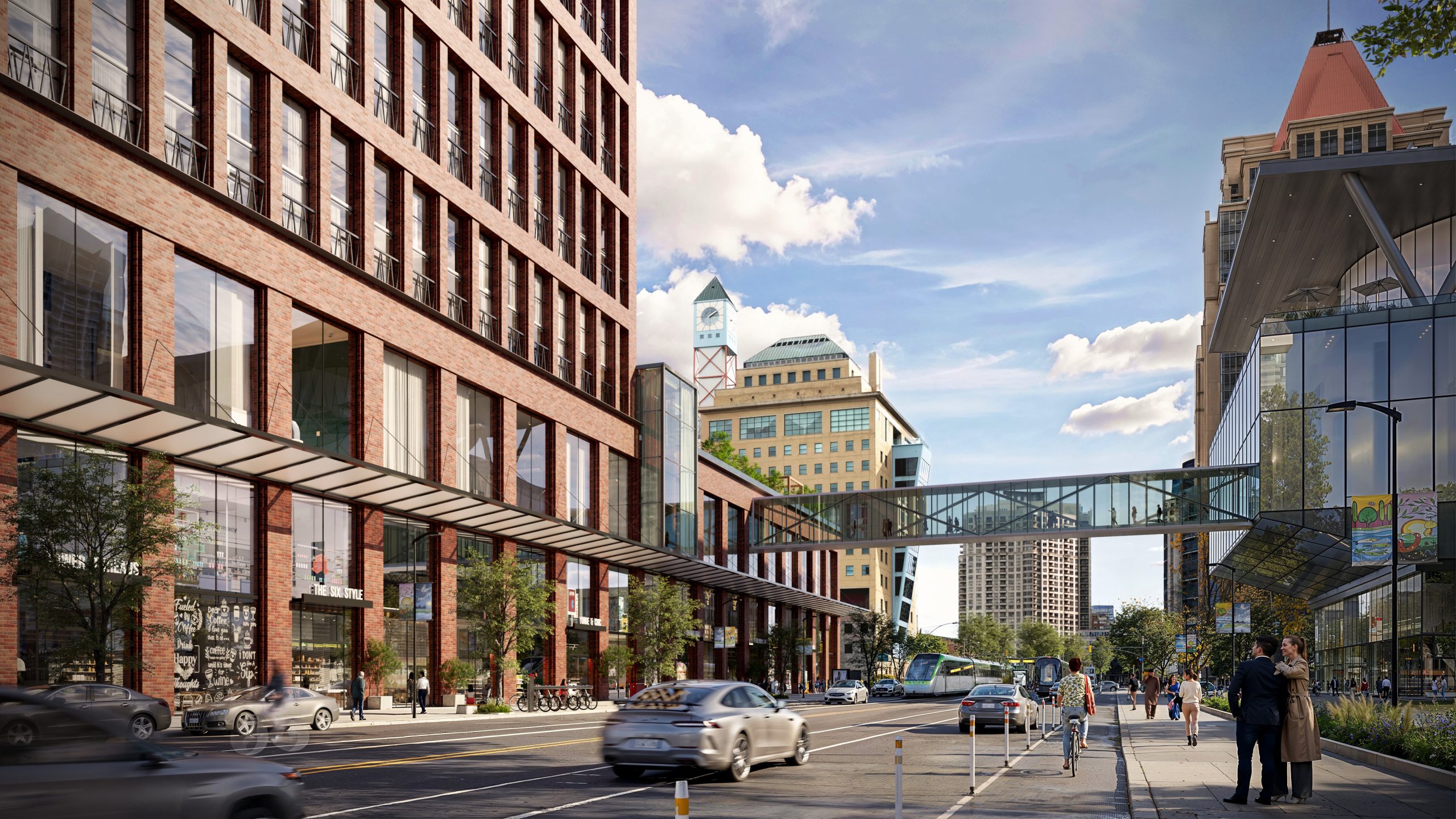 Artist rendering showing vision of streetscape with pedestrian bridge connecting buildings in downtown