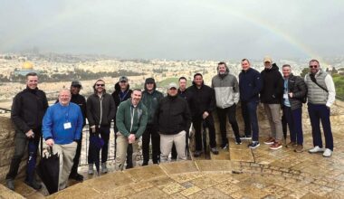 A rainbow frames the group&rsquo;s briefing about Jerusalem and the Old City atop the Mount of Olives.