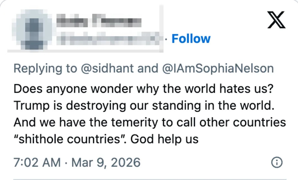 Tweet expressing concern about global perception and criticizing Trump, mentioning "shithole countries" and ending with "God help us."