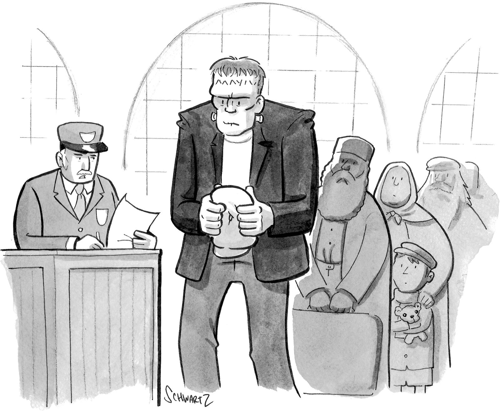 Immigration officer at Ellis Island renames Frankenstein.