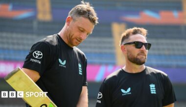 Head coach of England Brendon McCullum and Jos Buttler of England during an ICC Men's T20 World Cup India & Sri Lanka 2026 net session at Wankhede Stadium