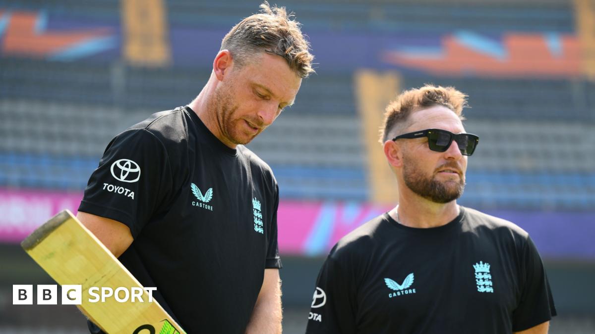 Head coach of England Brendon McCullum and Jos Buttler of England during an ICC Men's T20 World Cup India & Sri Lanka 2026 net session at Wankhede Stadium