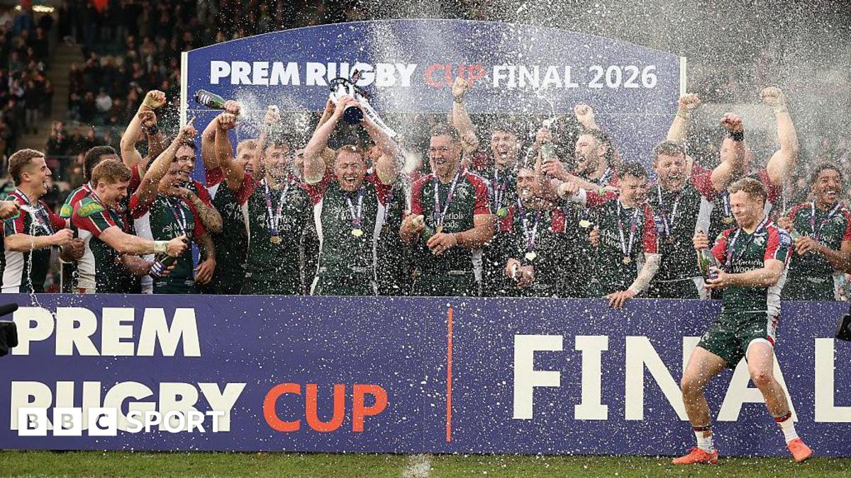 Tommy Reffell of Leicester Tigers lift the trophy following the PREM Rugby Cup match between Leicester Tigers and Exeter Chiefs at Mattioli Woods Welford Road Stadium.
