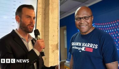 Clay Fuller speaks into a microphone  and Shawn Harris smiles in a campaign T-shirt in a coposite image of the two candidates.