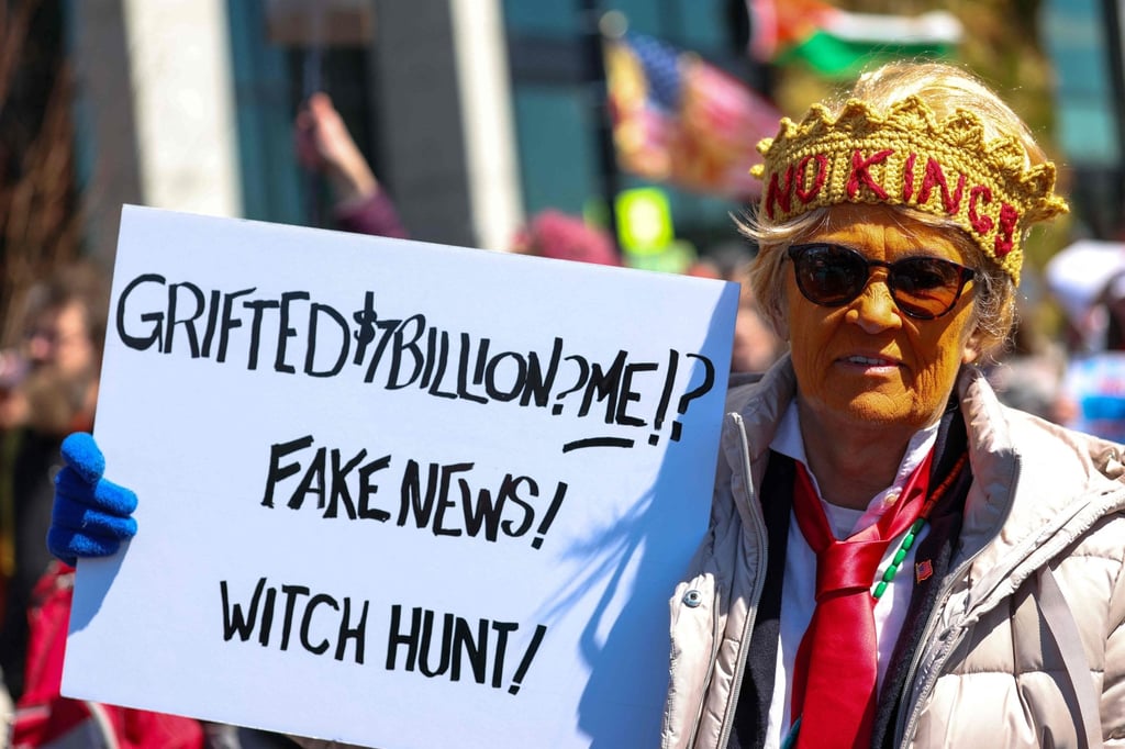 A protester in Washington takes part in the third nationwide “No Kings” protest on Saturday. Photo: AFP