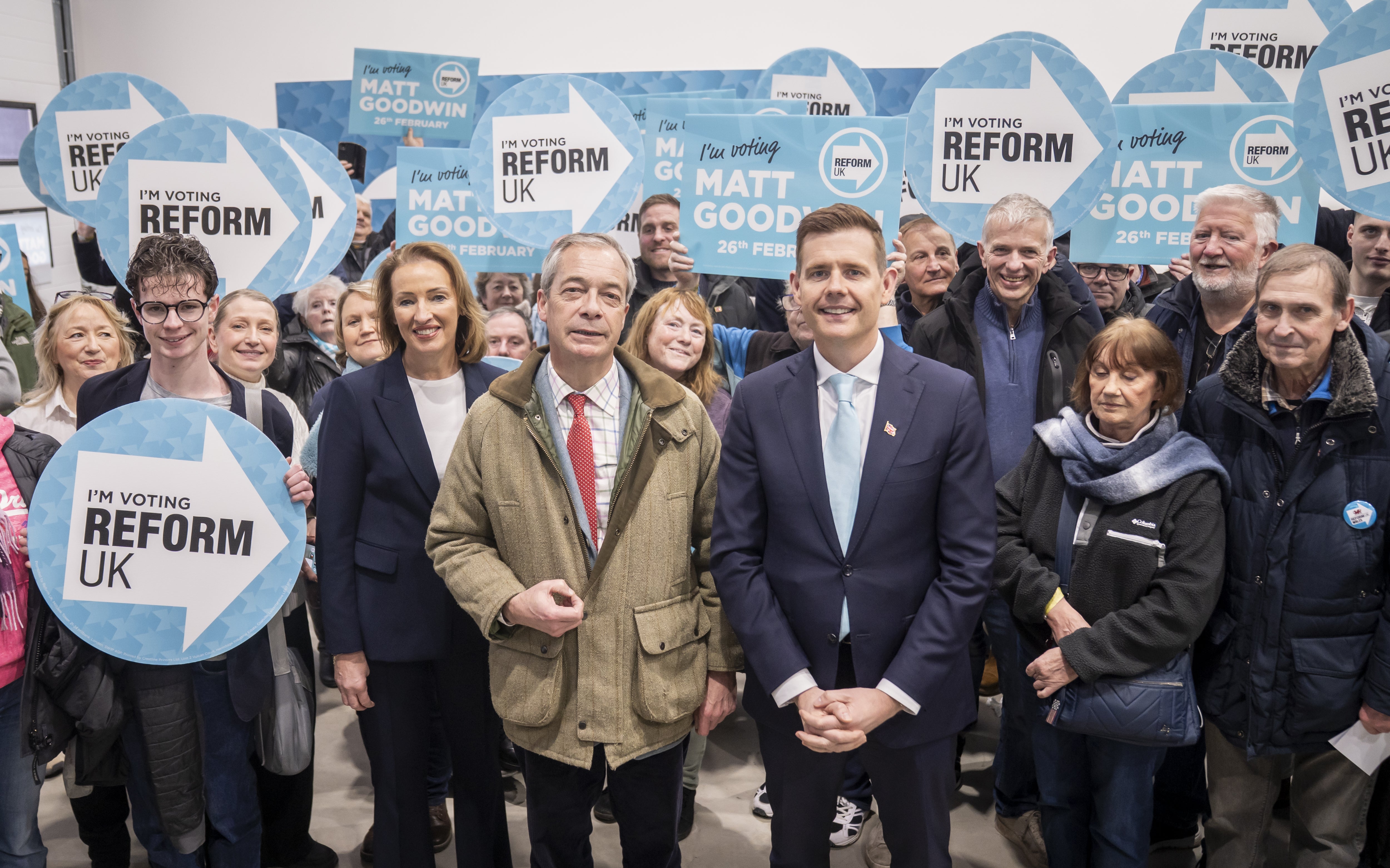Reform UK leader Nigel Farage (front left) and Reform UK’s Gorton and Denton by-election candidate Matt Goodwin (front right) (Danny Lawson/PA)