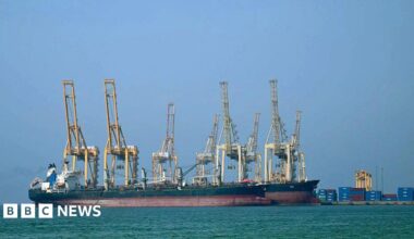 Tankers are seen at the Khor Fakkan Container Terminal, the only natural deep-sea port in the region and one of the major container ports in the Sharjah Emirate, along the Strait of Hormuz, a waterway through which one-fifth of global oil output passes on June 23, 2025.