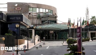 The Crown Plaza hotel in Manama, Bahrain, damaged in an attack.