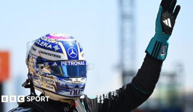 George Russell celebrates winning the Chinese GP sprint race