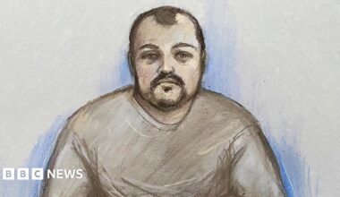 A court sketch of Anthony Russell as he appears via video link