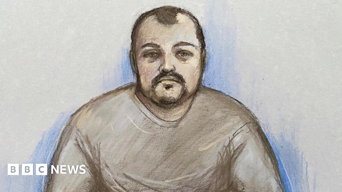 A court sketch of Anthony Russell as he appears via video link