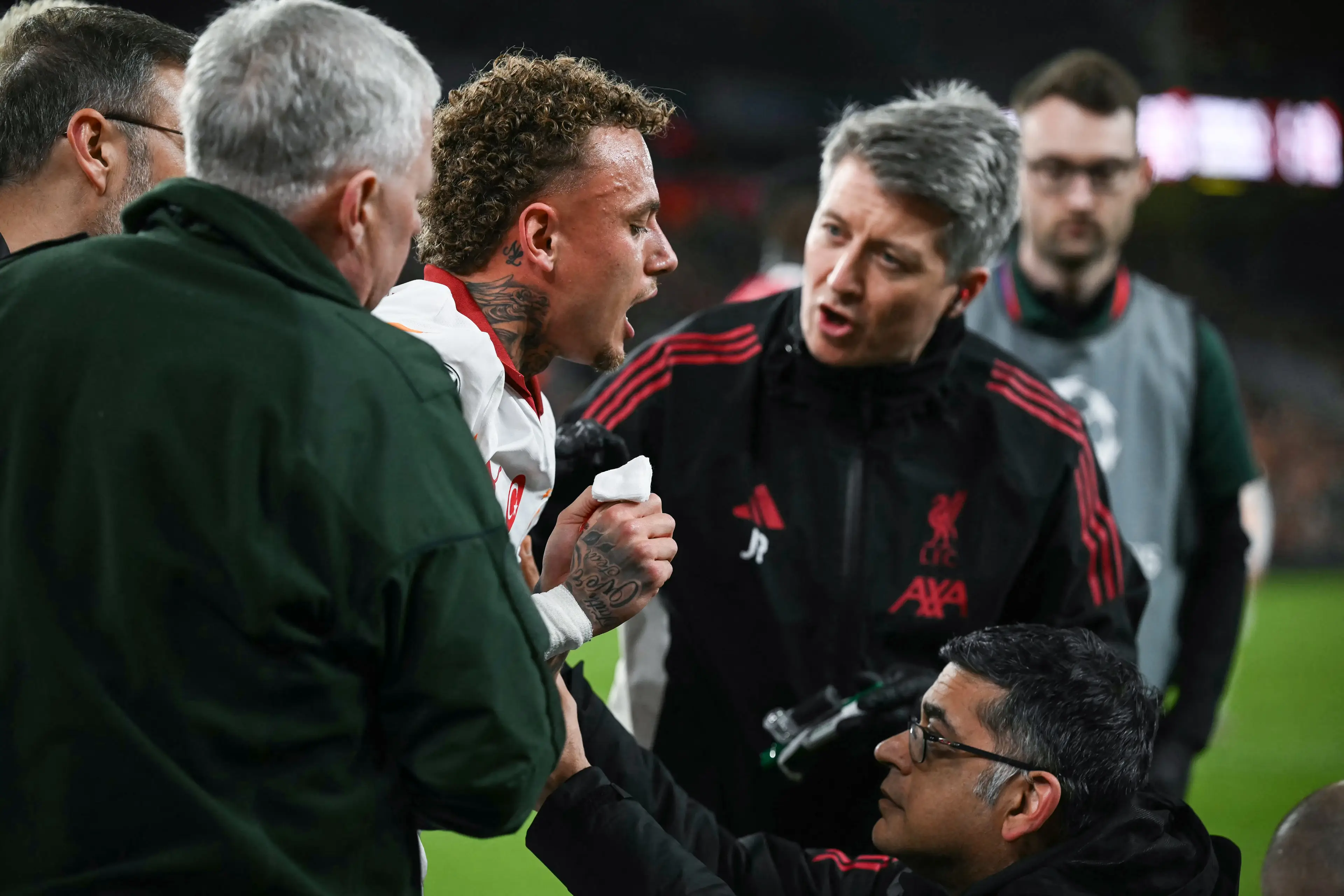 Noa Lang suffered a gruesome injury against Liverpool. Image: Getty