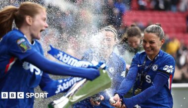 Chelsea players celebrate winning the Women's League Cup at Ashton Gate