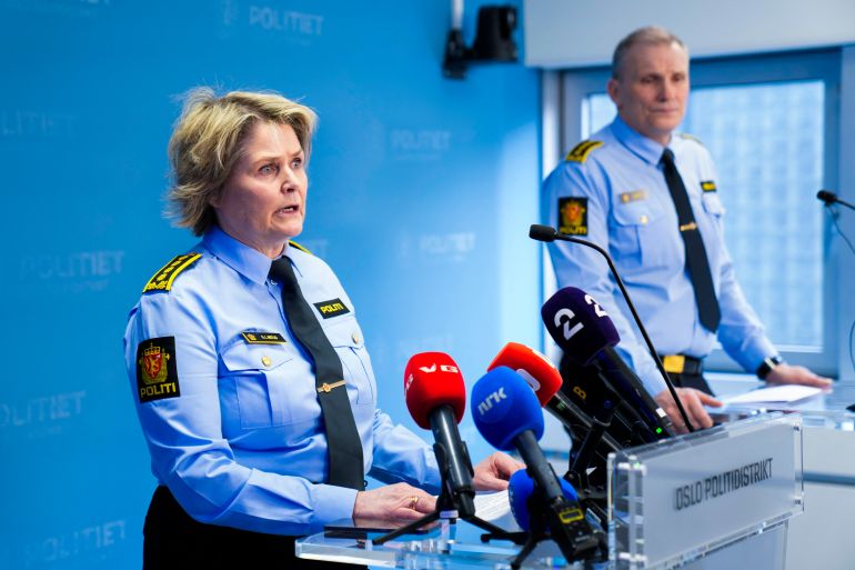 Grete Lien Metlid (L), head of the police's Joint Unit for Operational Service, and Frode Larsen, head of the Joint Unit for Investigation and Intelligence, give a press conference in connection with an explosion at the US Embassy in Oslo, on March 8, 2026.