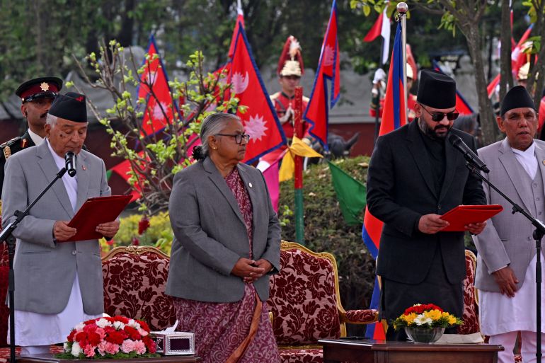 Rastriya Swatantra Party (RSP) leader Balendra Shah (2R) takes oath as prime minister during a swearing-in ceremony in Kathmandu on March 27, 2026.