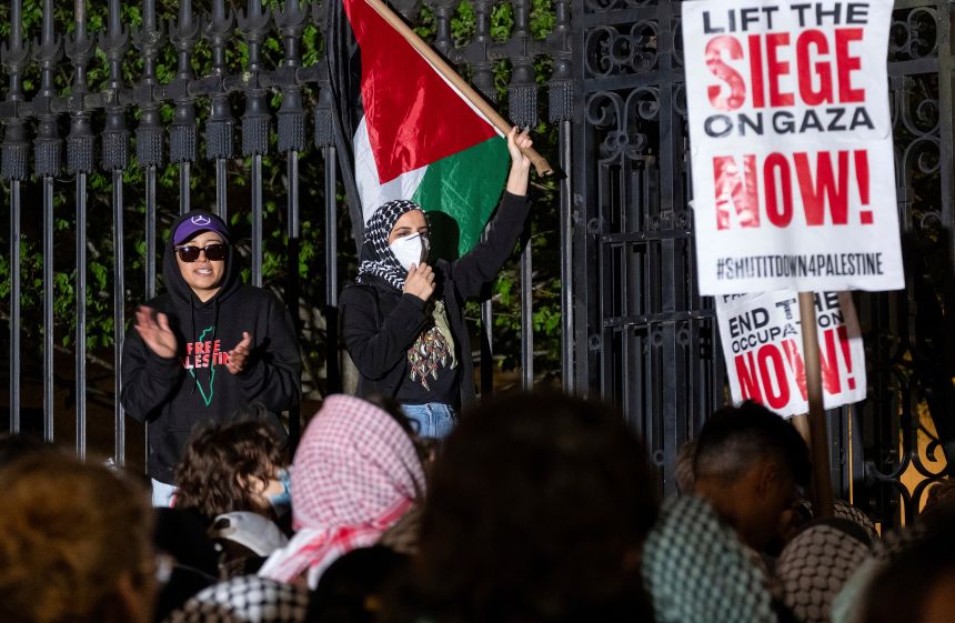 Leqaa Kordia, center, demonstrates outside Columbia University in New York on April 30, 2024.