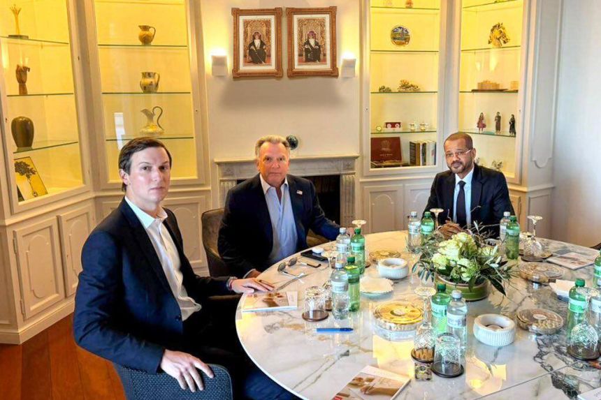 Oman's Minister of Foreign Affairs Sayyid Badr bin Hamad Al Busaidi, right, holds a meeting with White House special envoy Steve Witkoff, centre, and Jared Kushner, as part of the ongoing Iranian-American negotiations, in Geneva, Switzerland, on February 26, 2026.