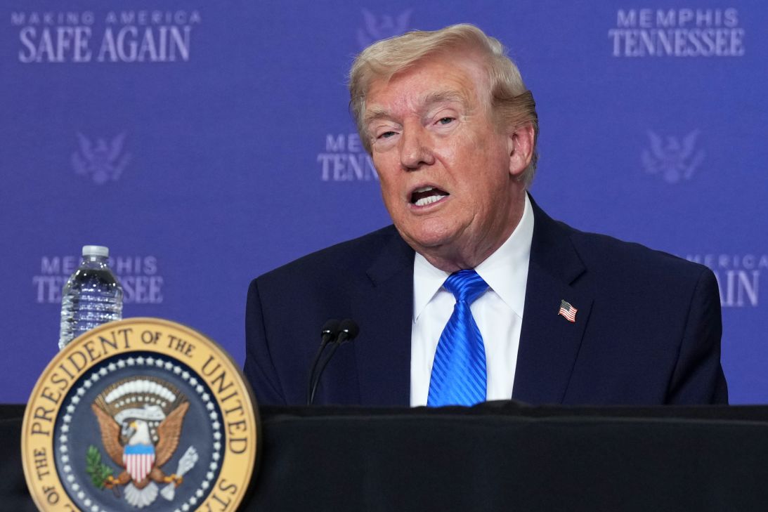 President Donald Trump participates in a roundtable discussion on public safety at a Tennessee Air National Guard Base, on Monday, in Memphis, Tennessee.