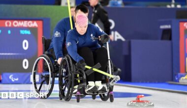 Great Britain wheelchair curler Jo Butterfield in action