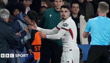 Pedro Neto looks bemused after pushing a PSG ball boy over