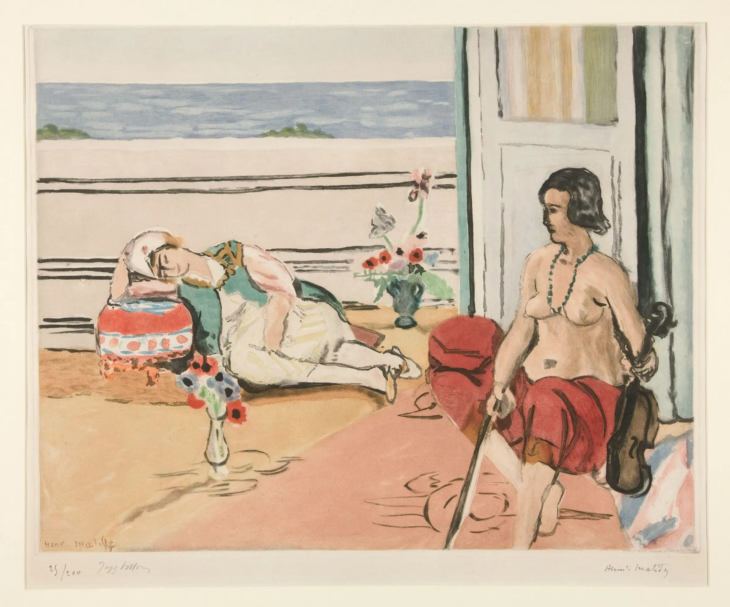 Illustration of a woman reclining on a chaise lounge overlooking the ocean, while another woman sits partially nude with a violin.