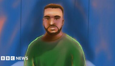 A court sketch of a dark-haired man with a short beard and wearing a green jumper