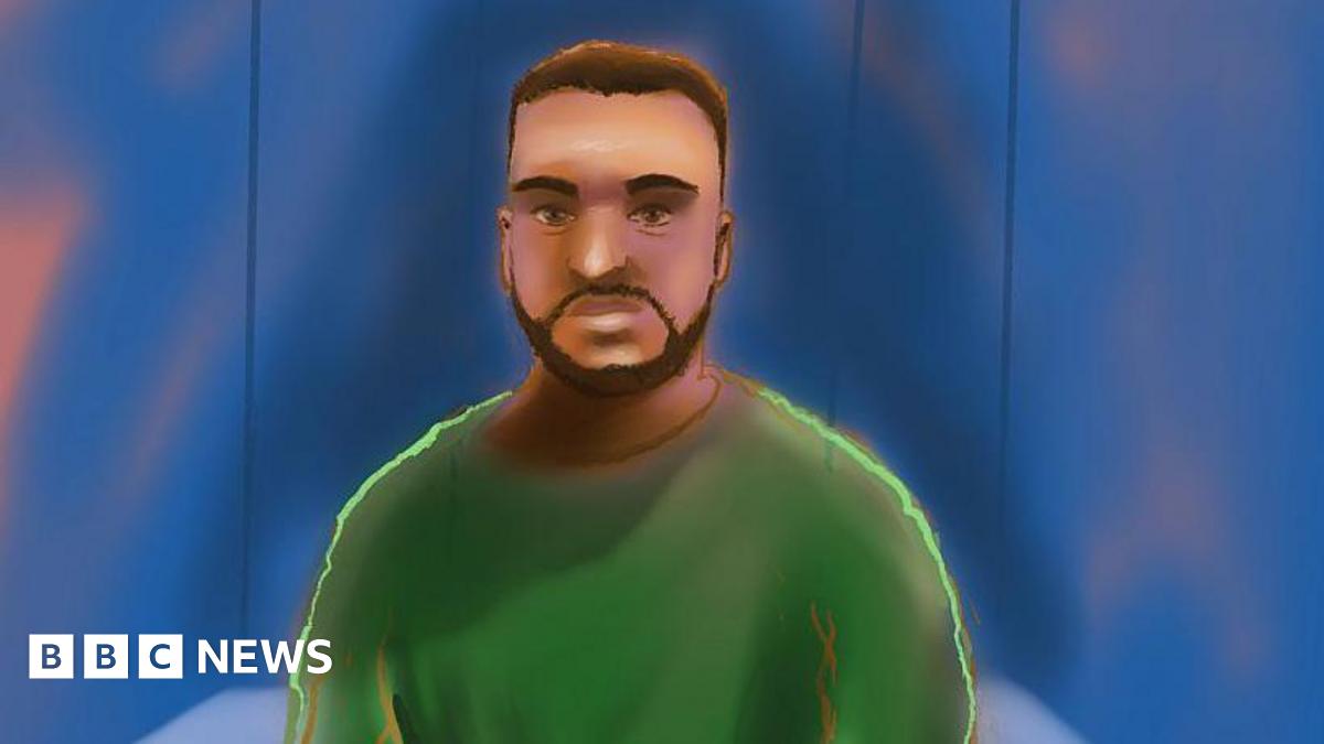 A court sketch of a dark-haired man with a short beard and wearing a green jumper