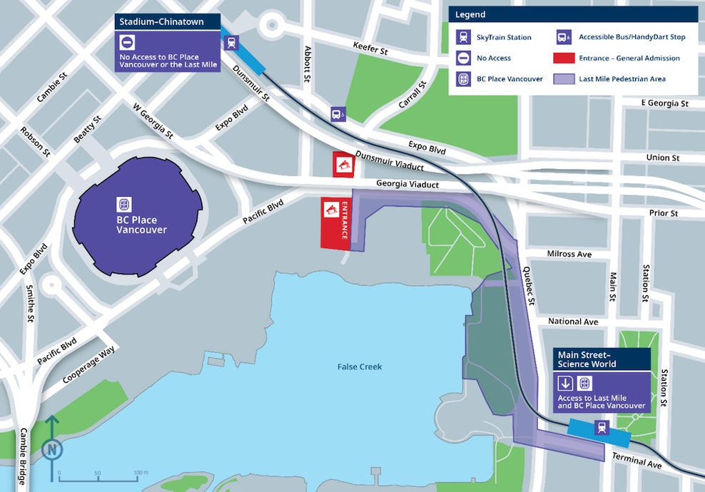 bc place stadium translink last mile skytrain main street science world station map