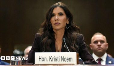 US Secretary of Homeland Security Kristi Noem testifies before the Senate Judiciary Committee in the Dirksen Senate Office Building