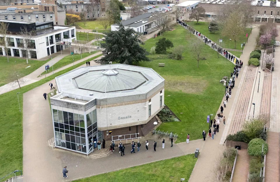 Students queuing for antibiotics outside a building at the University of Kent in Canterbury. The university have confirmed that a student was one of two people who have died as a result of meningitis in the area. The UK Health Security Agency (UKHSA) said it was notified of 13 cases with signs and symptoms of meningitis and septicaemia from Friday to Sunday in the Canterbury area of Kent. Picture date: Monday March 16, 2026.